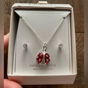 -Silver Ladybug Necklace and Earring Set
